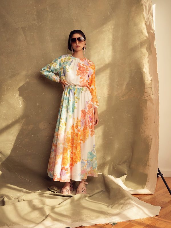 Bright Print Midi Dress with Elasticated Waist