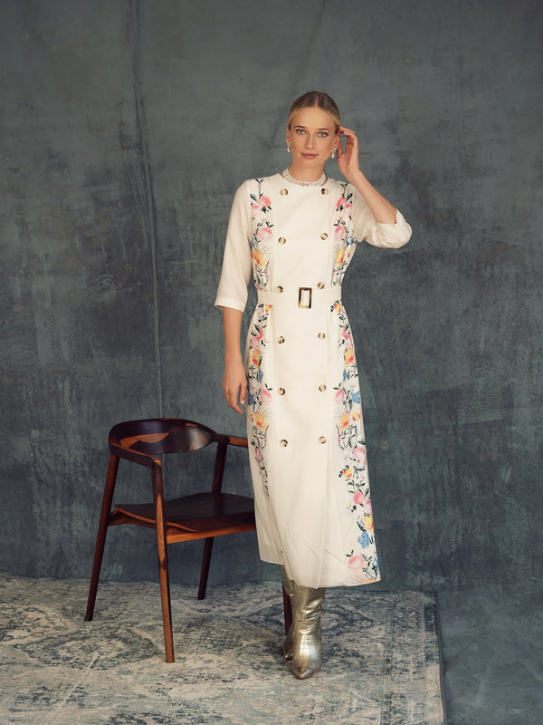 Coat Dress with Printed Floral Panel