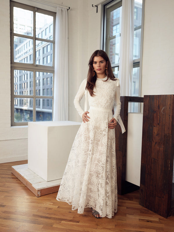 Lace Gown with Shoulder Ties