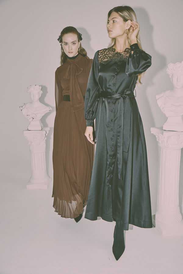 Chiffon Pleated Maxi Dress with Necktie