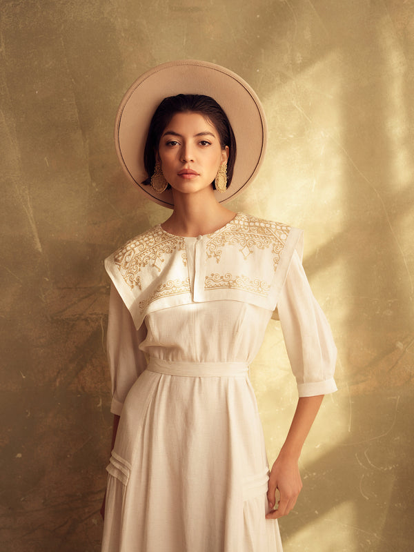 Linen Look Dress with Square Embroidered Collar