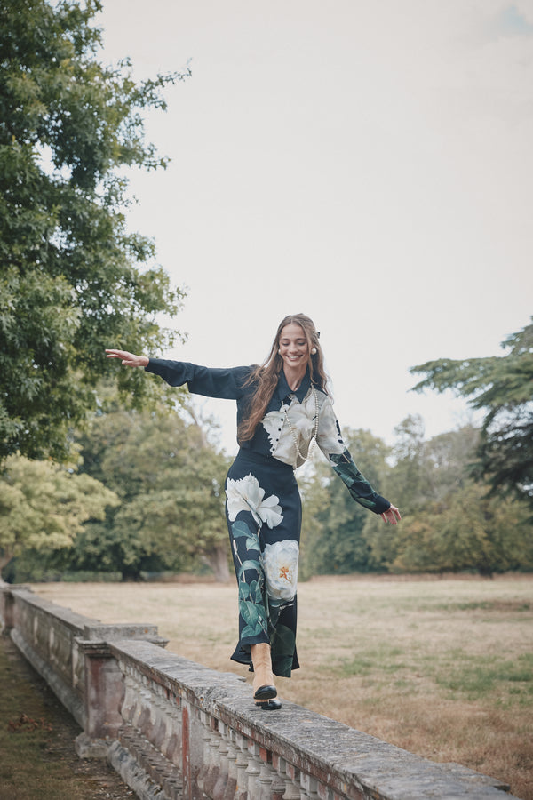Satin Aline Skirt with X-Large Flower Print