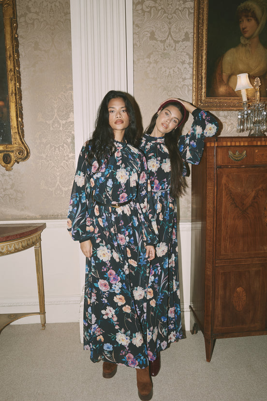 Draped Flower Print Maxi Dress