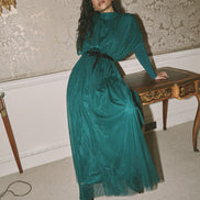 Tulle Gathered Dropped Shoulder Dress with Doubled Belt