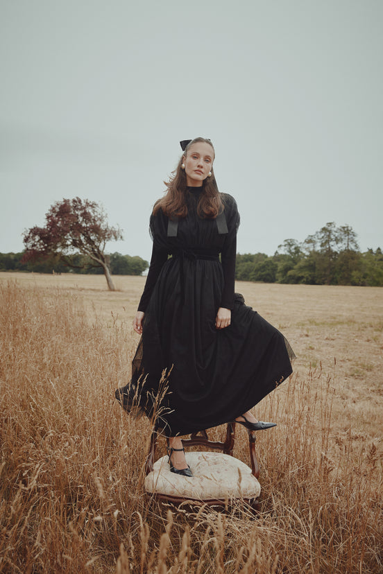 Tulle Gathered Dropped Shoulder Dress with Doubled Belt