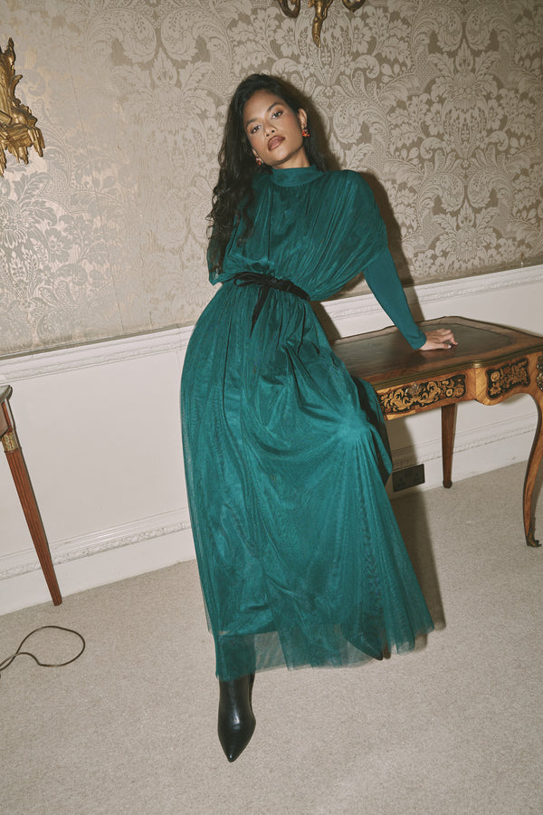 Tulle Gathered Dropped Shoulder Dress with Doubled Belt