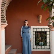 Dropped Waist Simply Gathered Dress with Narrow Waistline Belt