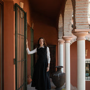 Dropped Waist Simply Gathered Dress with Narrow Waistline Belt