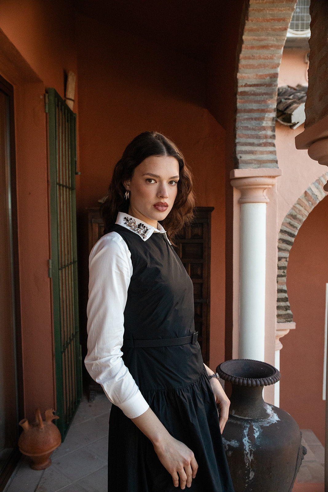 Dropped Waist Simply Gathered Dress with Narrow Waistline Belt