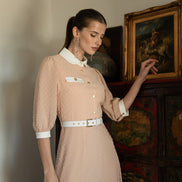 Spotted Tulle Dress with Contrast Collar Cuffs and Belt