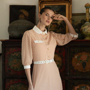 Spotted Tulle Dress with Contrast Collar Cuffs and Belt