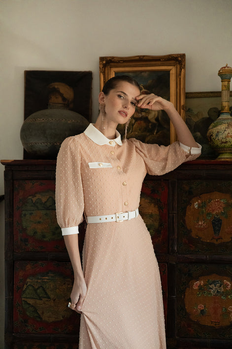 Spotted Tulle Dress with Contrast Collar Cuffs and Belt