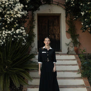 Spotted Tulle Dress with Contrast Collar Cuffs and Belt