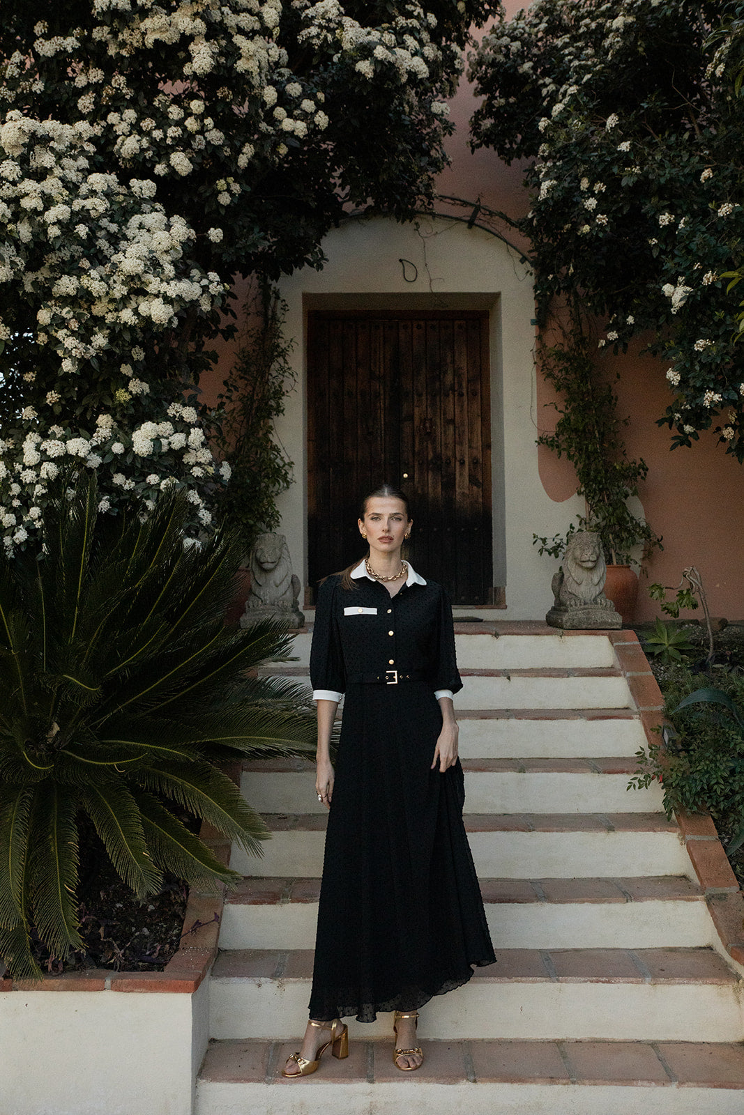 Spotted Tulle Dress with Contrast Collar Cuffs and Belt