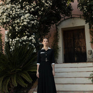 Spotted Tulle Dress with Contrast Collar Cuffs and Belt
