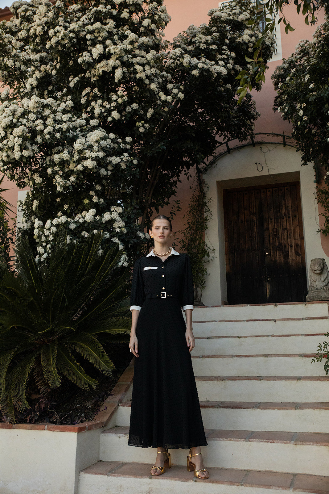 Spotted Tulle Dress with Contrast Collar Cuffs and Belt