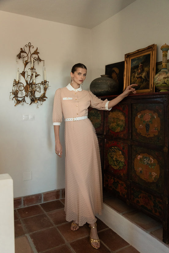Spotted Tulle Dress with Contrast Collar Cuffs and Belt