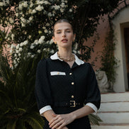 Spotted Tulle Dress with Contrast Collar Cuffs and Belt