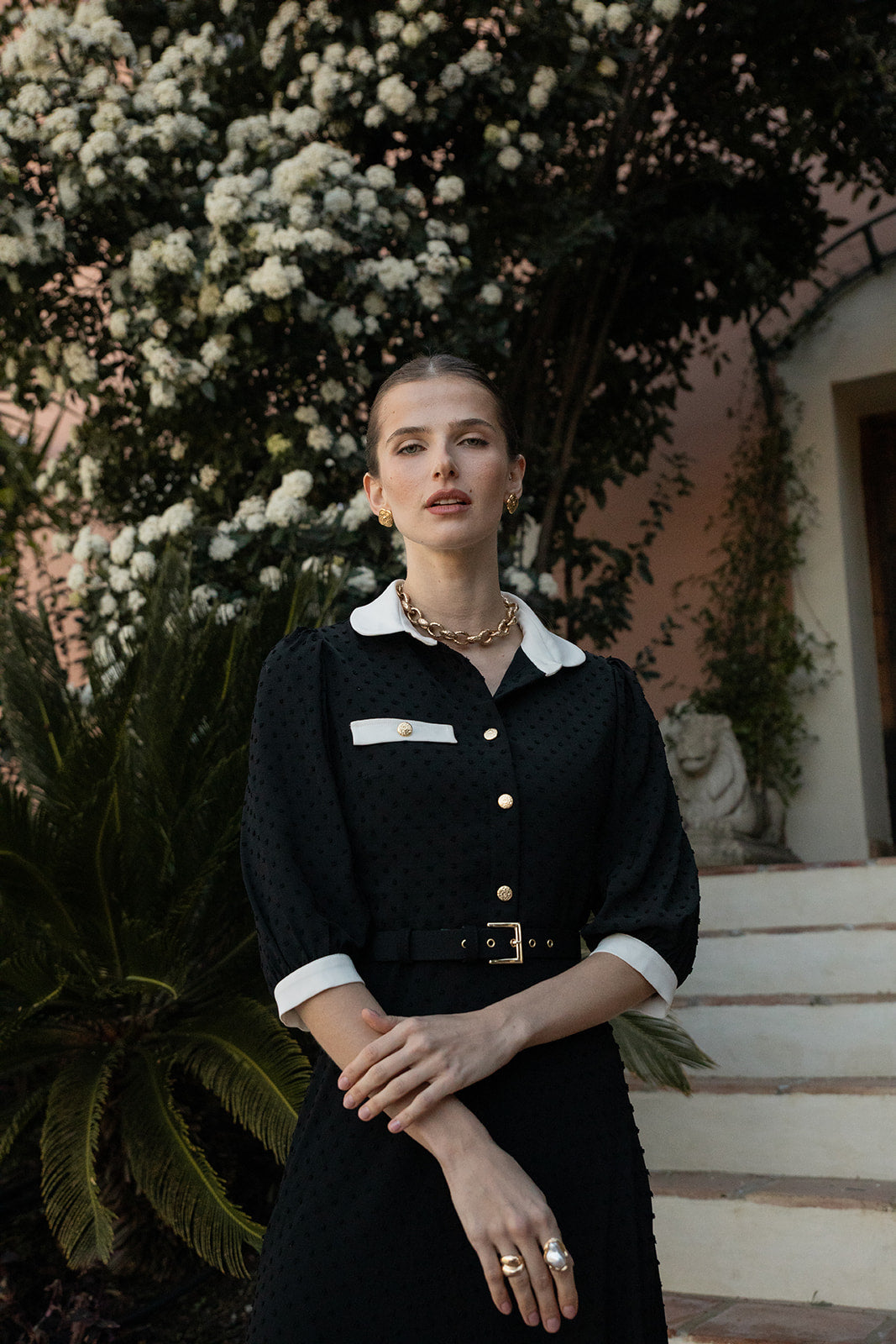Spotted Tulle Dress with Contrast Collar Cuffs and Belt