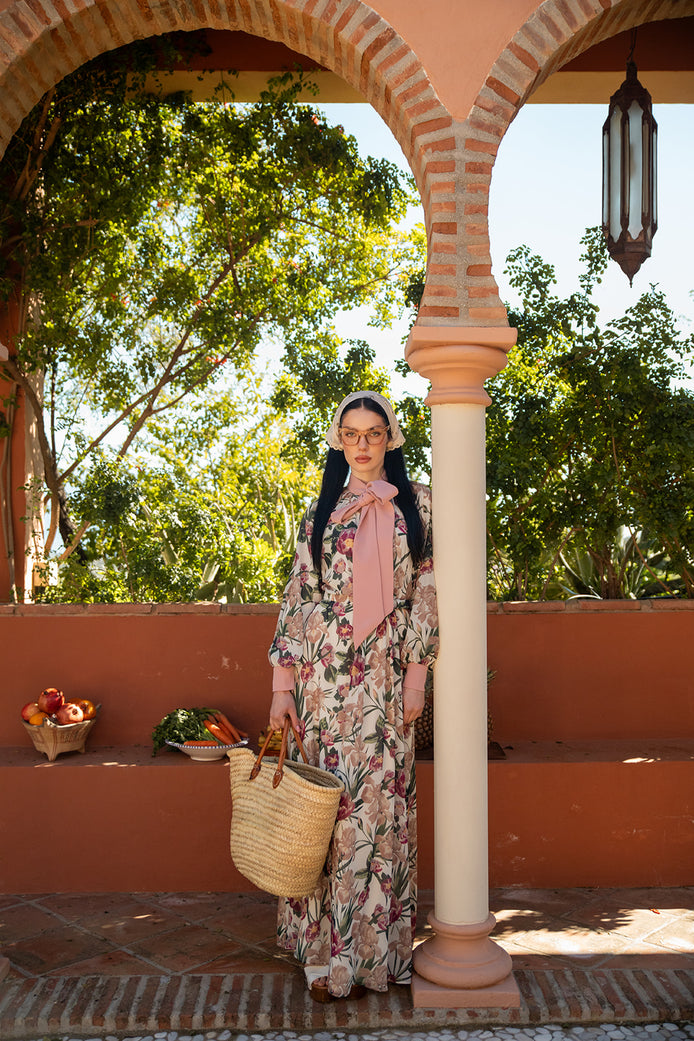 Loose Fit Floral Printed Dress with Contrast Necktie & Cuffs