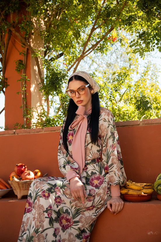 Loose Fit Floral Printed Dress with Contrast Necktie & Cuffs