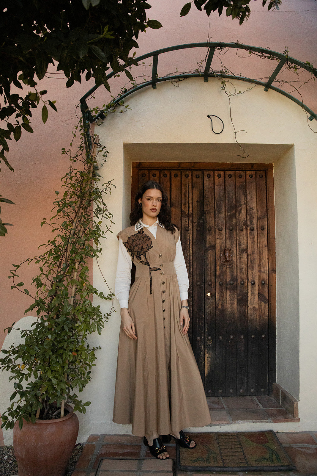 Button front V Neck Dress with Large Flower Motif