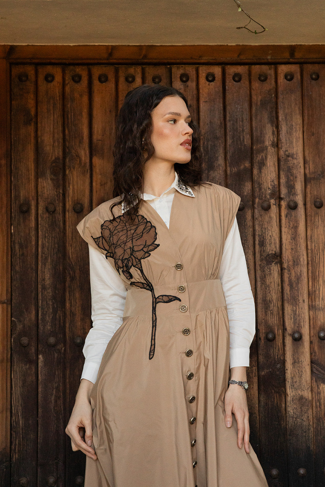 Button front V Neck Dress with Large Flower Motif