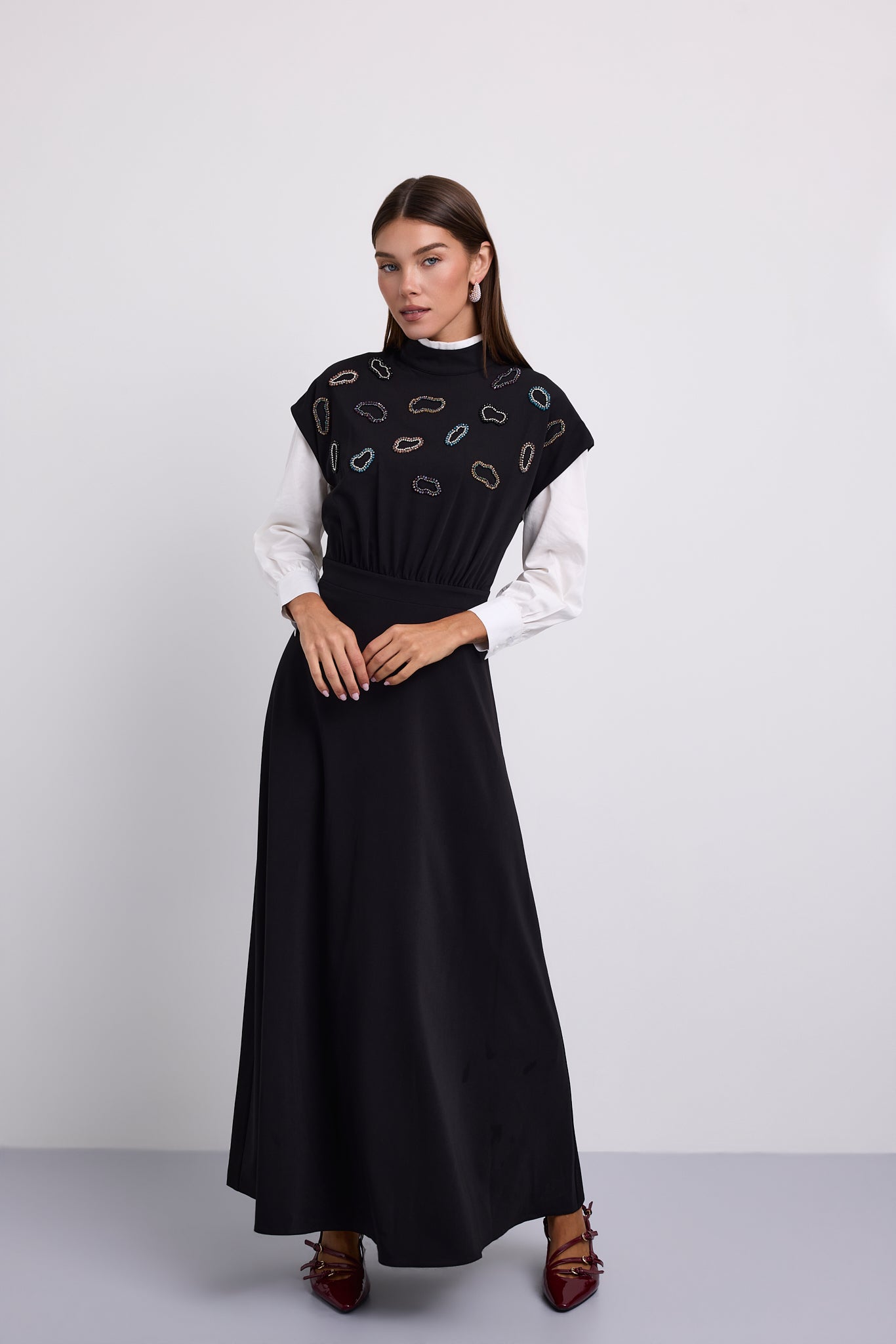 Dropped Shoulder Dress with Abstract Beaded Details