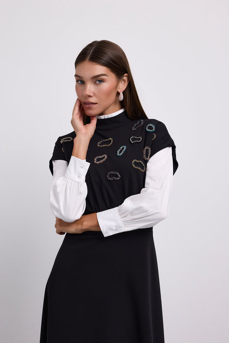 Dropped Shoulder Dress with Abstract Beaded Details