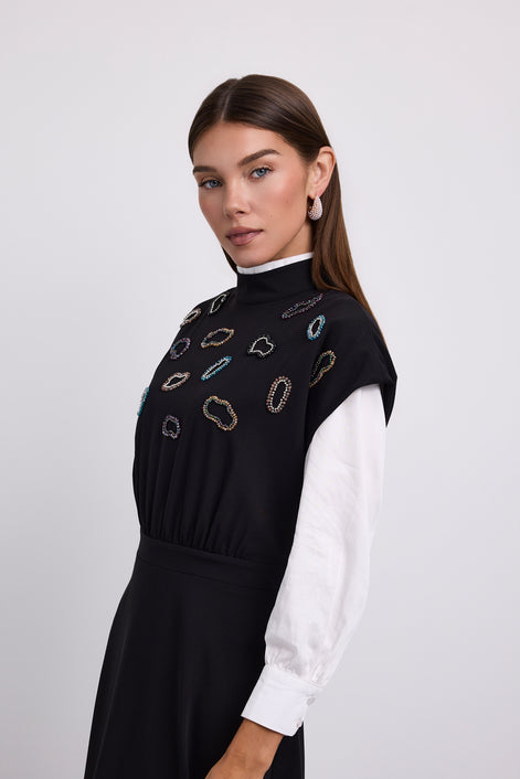 Dropped Shoulder Dress with Abstract Beaded Details