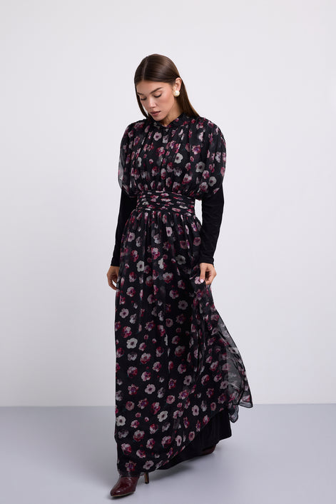 Floral Printed Maxi Dress with Wide Gathered Waistband