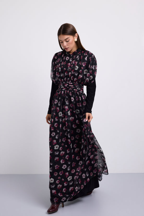 Floral Printed Maxi Dress with Wide Gathered Waistband