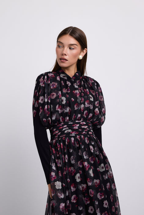 Floral Printed Maxi Dress with Wide Gathered Waistband