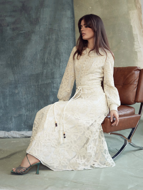 Heavy Lace Midi Dress with Rope Style Belt