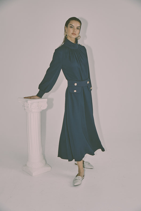 Dress with Knit Neck Cuffs, Belt, and Pocket Flaps