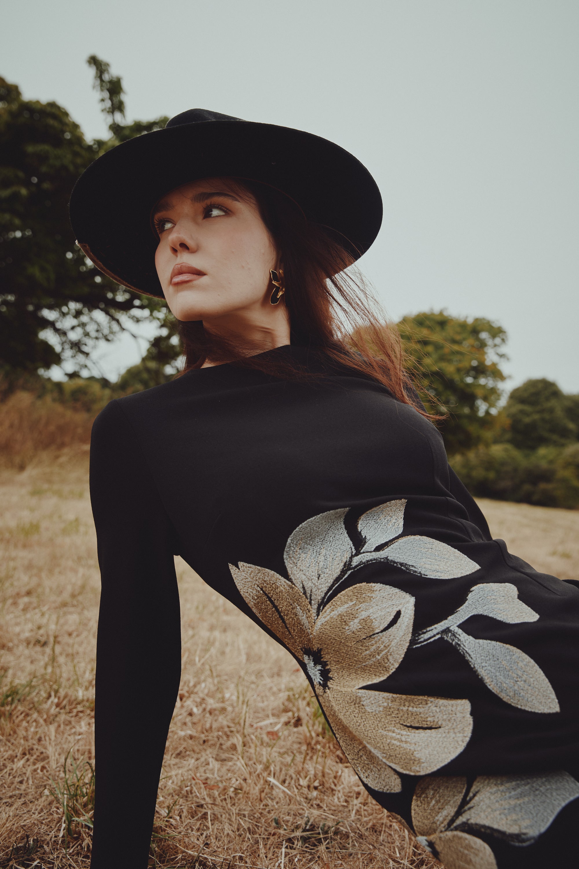 Simple Cut Gown with Side Flower Embroidery