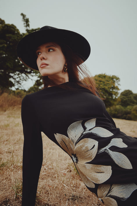 Simple Cut Gown with Side Flower Embroidery