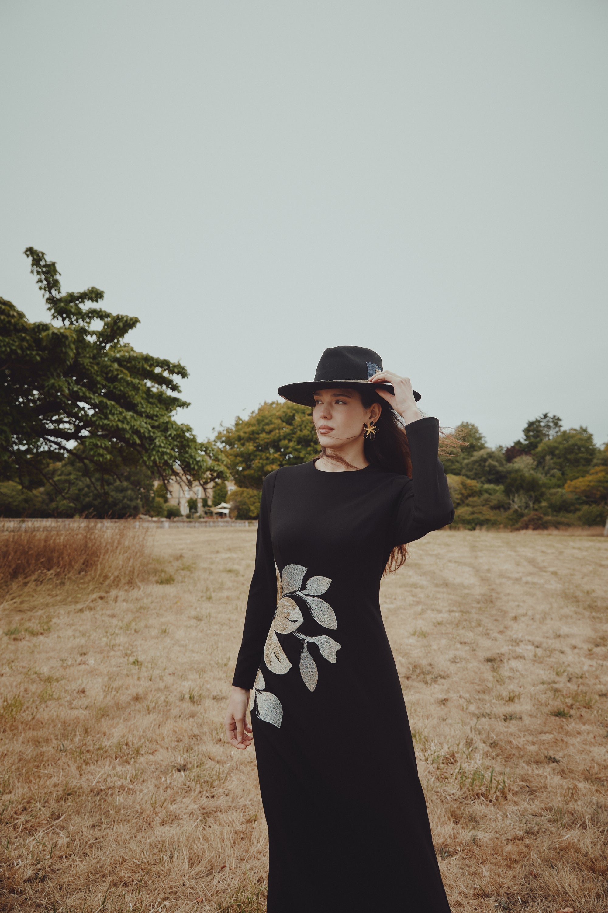 Simple Cut Gown with Side Flower Embroidery