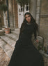 Gown with Stone Embellished Neckline and Feather cuffs