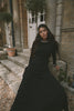Gown with Stone Embellished Neckline and Feather cuffs
