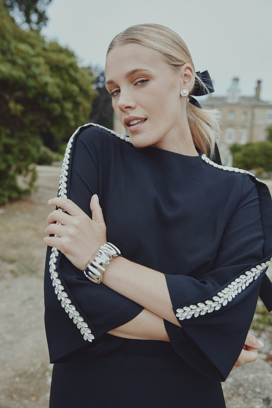 Crepe Maxi Dress with Stone Embellished Sleeve Seam