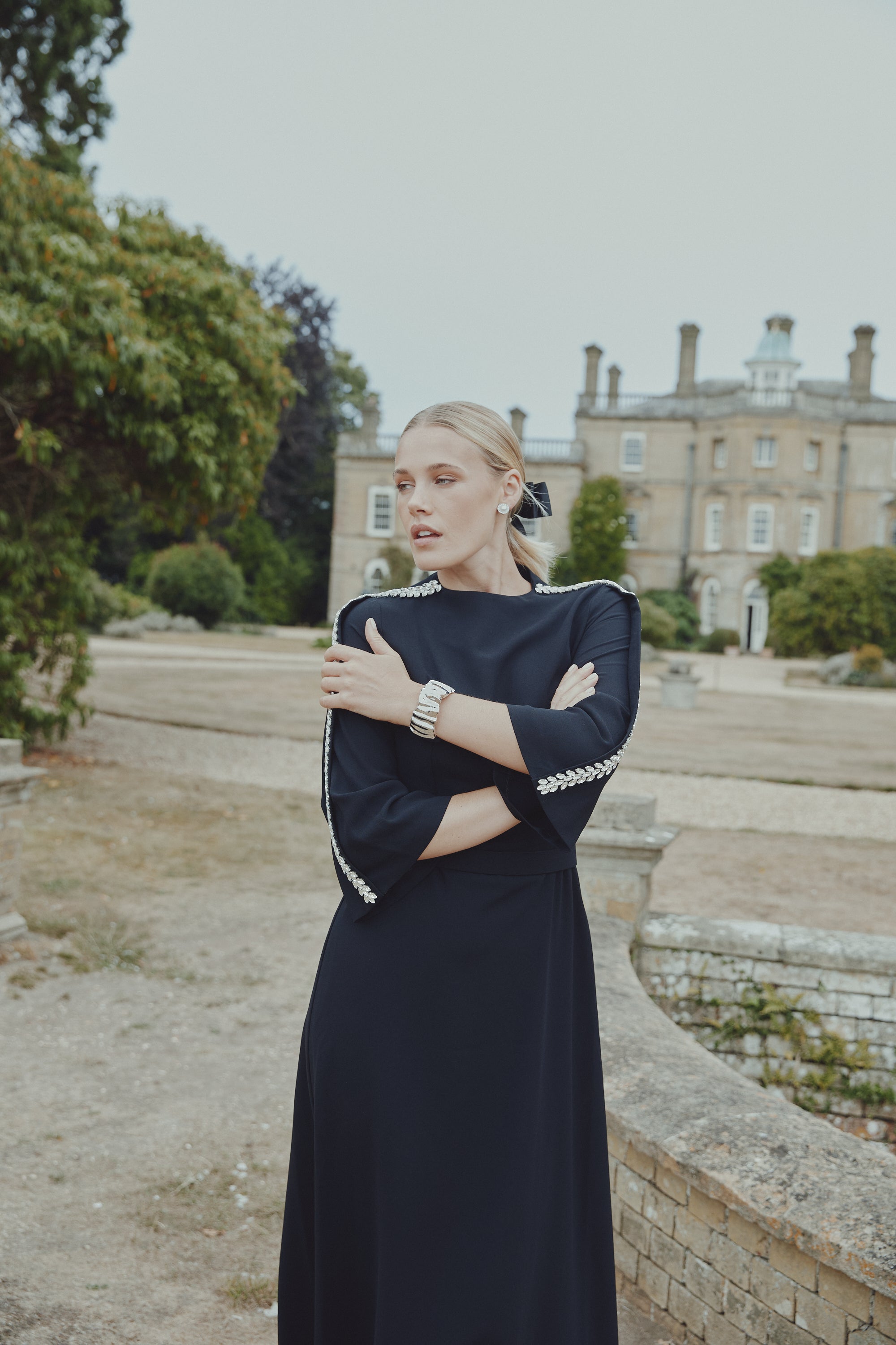Crepe Maxi Dress with Stone Embellished Sleeve Seam