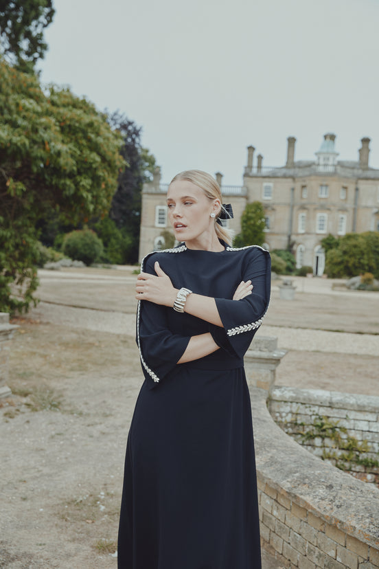 Crepe Maxi Dress with Stone Embellished Sleeve Seam