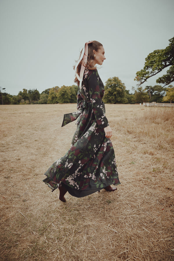 Organza Printed Full Skirt Dress with Free Tie Belt