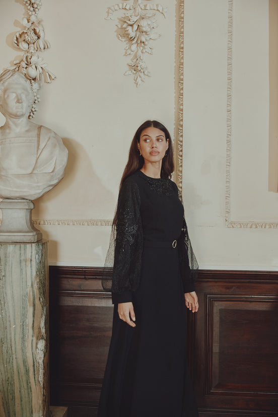 Maxi Dress with Tulle Front Insert & Sleeves with Applique