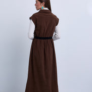 Dropped Shoulder Contrast Gathered Waistband Sleeveless Maxi Dress - Brown