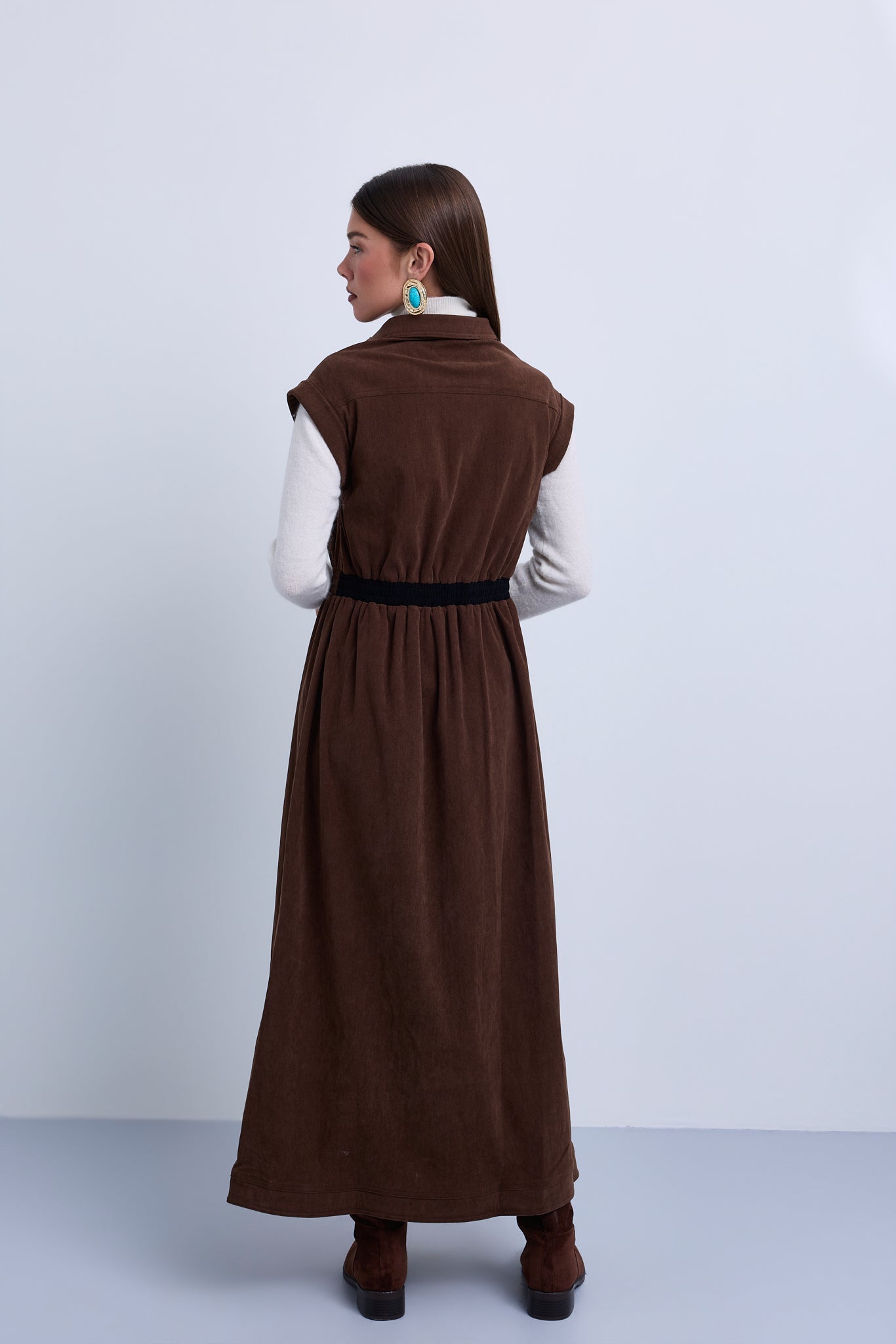 Dropped Shoulder Contrast Gathered Waistband Sleeveless Maxi Dress - Brown