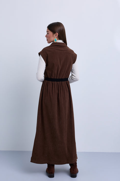 Dropped Shoulder Contrast Gathered Waistband Sleeveless Maxi Dress - Brown