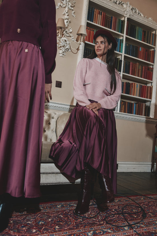 Lace Ruffle Neck Sweater with Pearl Trimmed Pockets