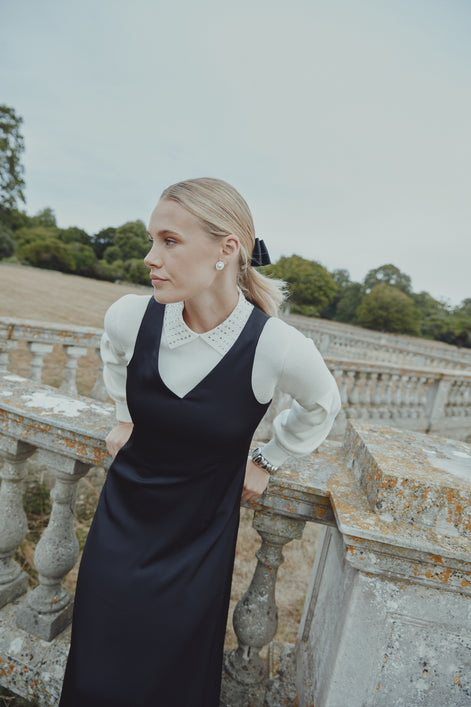Rhinestone Polo Collar Colour Block Sweater with Full Sleeve